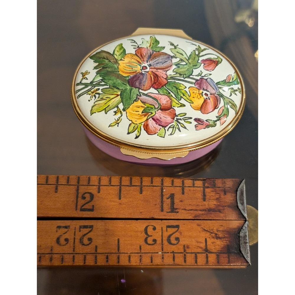 Halcyon Days Tiffany & Co Oval Enamel Pansy Pill or Trinket Box Lavender Purple